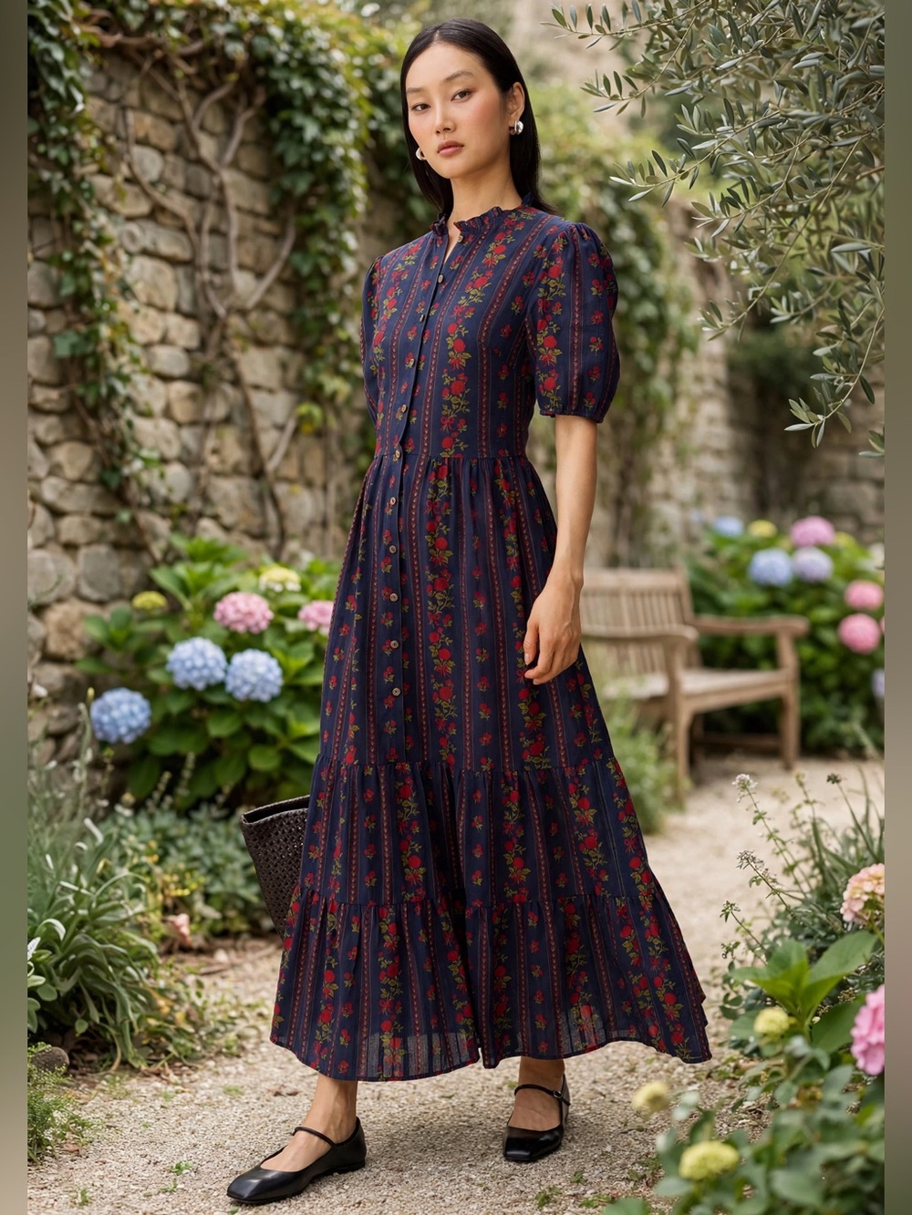 sorella Evelina Cotton Dress Women’s Navy Floral Tiered Maxi Dress size 12